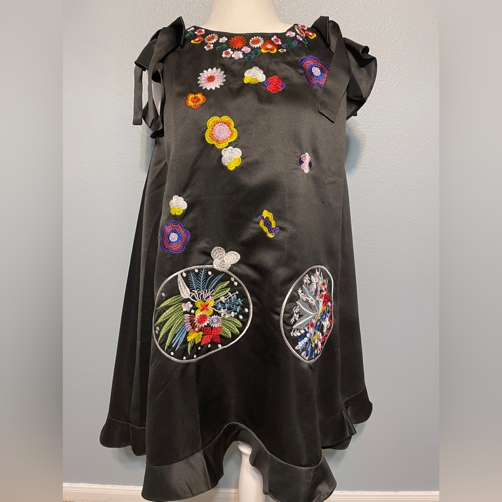 Black Embroidered Floral Dress Ruffle Sleeve Silk Blend Shift Artsy Boho XL - Picture 1 of 9
